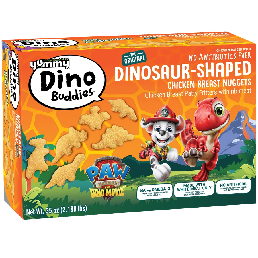 Yummy Dino Buddies dinosaur-shaped chicken breast nuggets, PAW Patrol pack